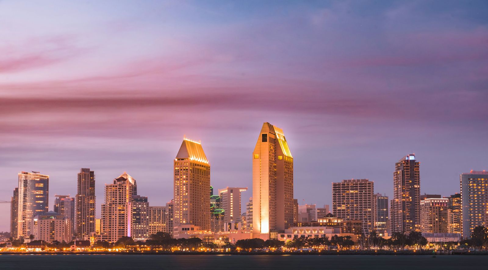 The San Diego skyline across the bay at dusk