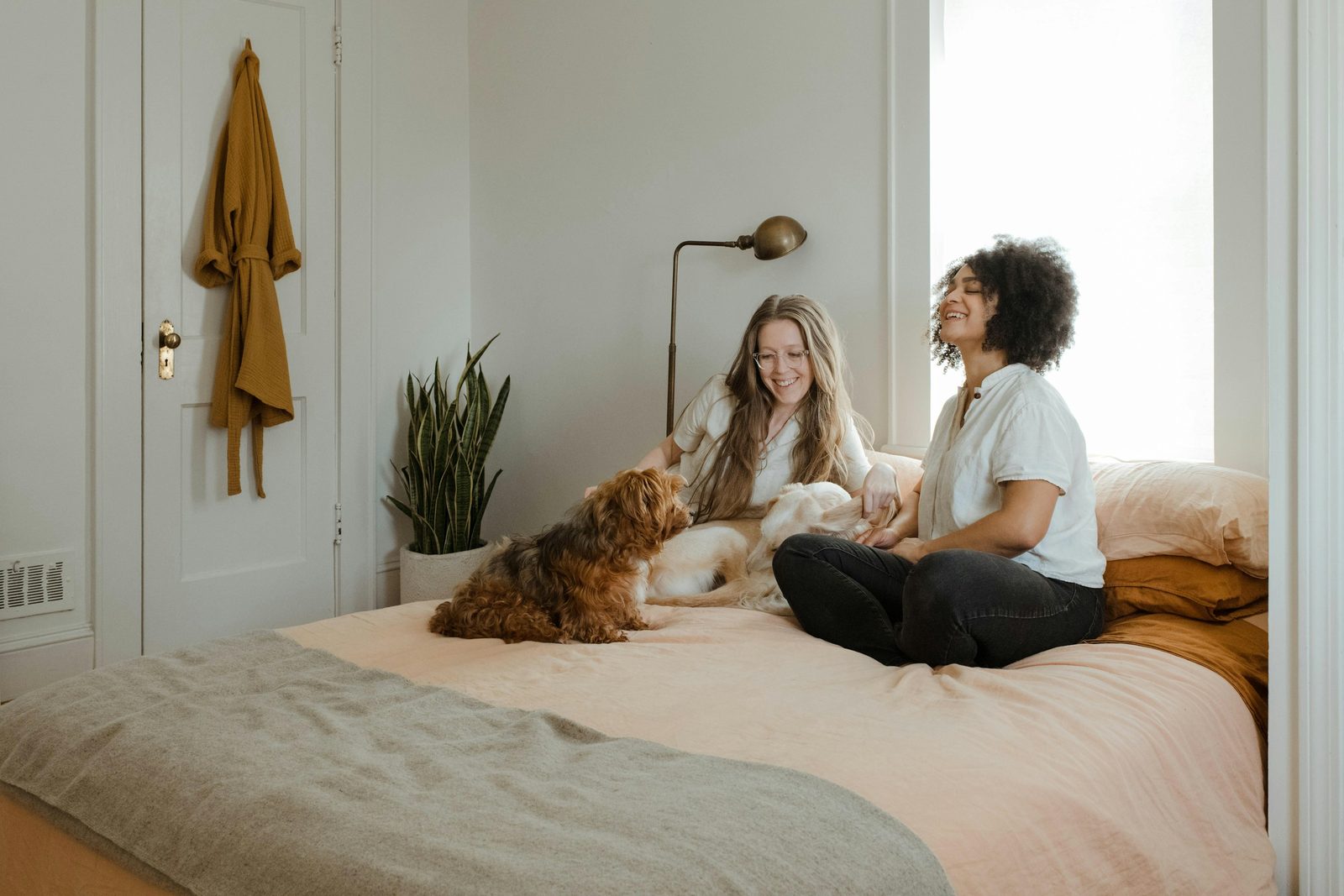 Two women laughing on a bed with their two dogs